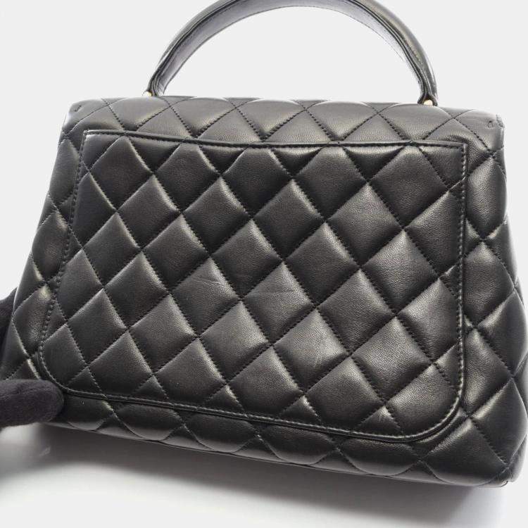Pre Owned Chanel Matelasse Black Lambskin Leather Top Handle Bag