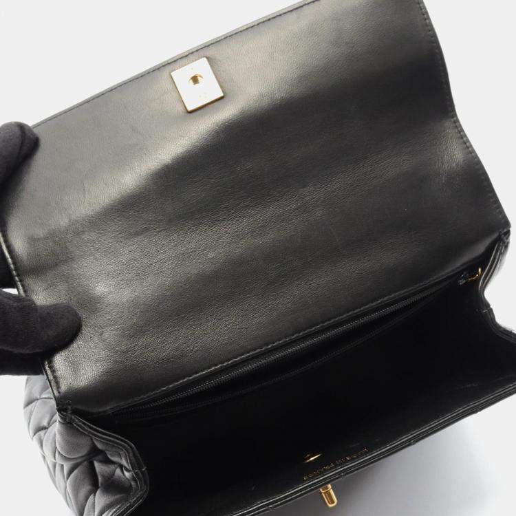 Pre Owned Chanel Matelasse Black Lambskin Leather Top Handle Bag