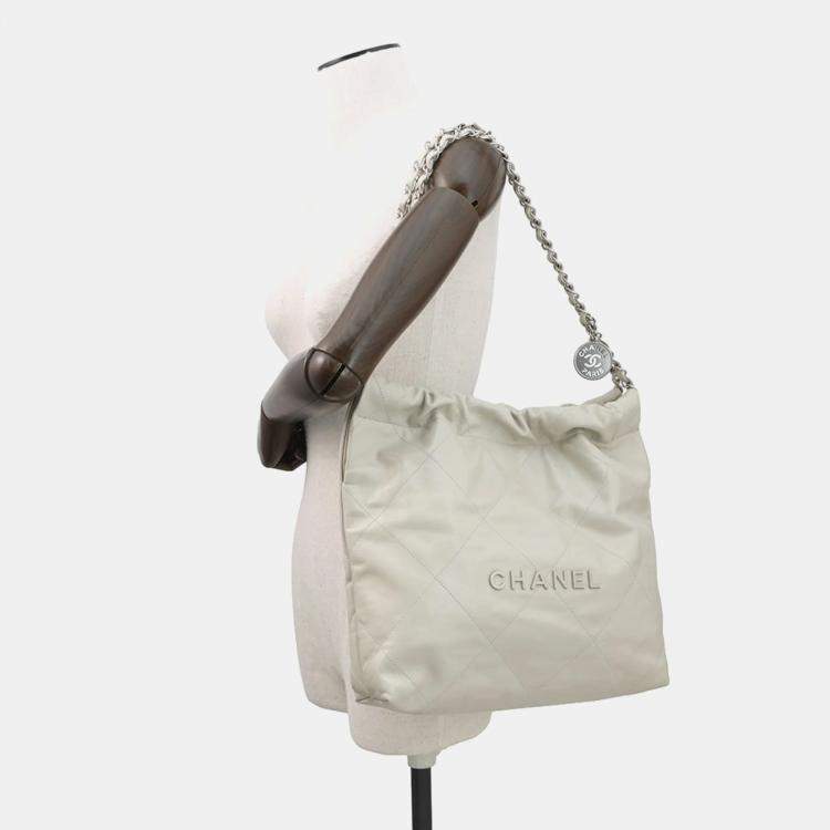 Pre Owned Chanel Handbag 22 Light Grey Shiny Calfskin Leather