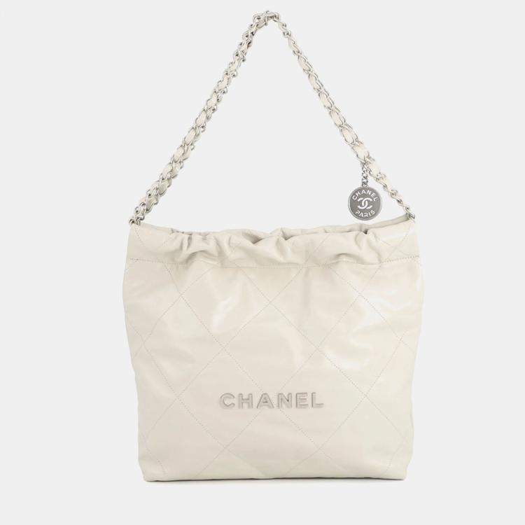 Pre Owned Chanel Handbag 22 Light Grey Shiny Calfskin Leather
