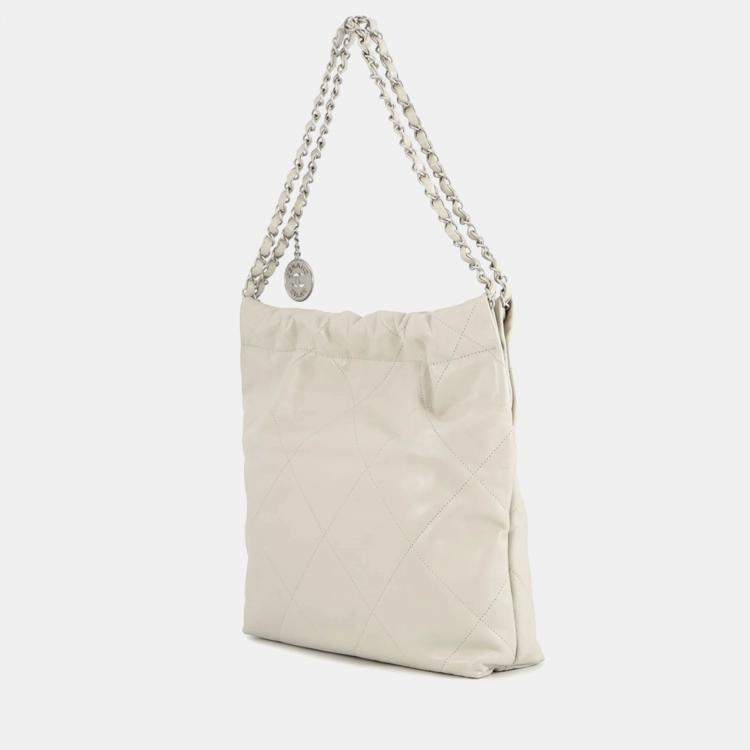 Pre Owned Chanel Handbag 22 Light Grey Shiny Calfskin Leather