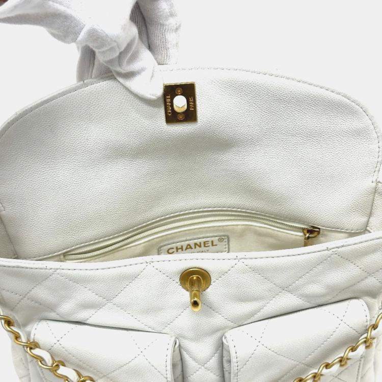 Pre Owned Chanel Matelasse Double Pocket 2-Way Hobo Bag Caviar Leather White