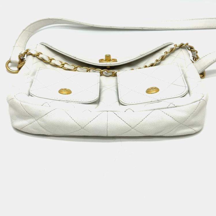 Pre Owned Chanel Matelasse Double Pocket 2-Way Hobo Bag Caviar Leather White