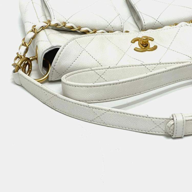 Pre Owned Chanel Matelasse Double Pocket 2-Way Hobo Bag Caviar Leather White