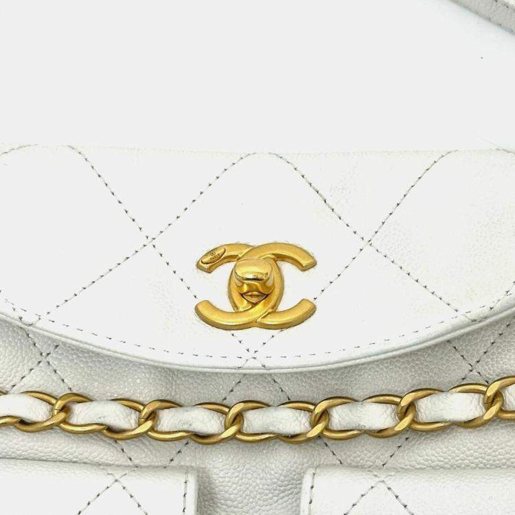 Pre Owned Chanel Matelasse Double Pocket 2-Way Hobo Bag Caviar Leather White