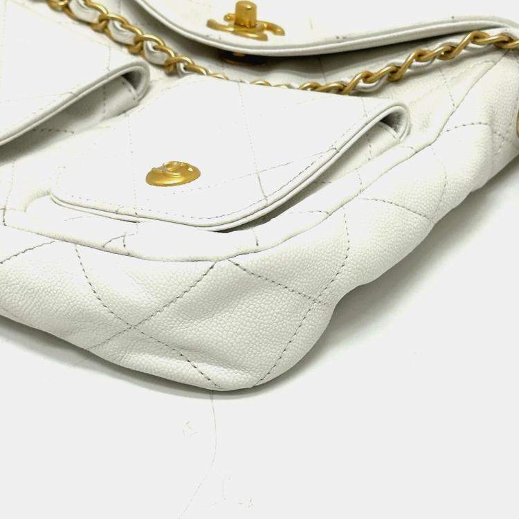 Pre Owned Chanel Matelasse Double Pocket 2-Way Hobo Bag Caviar Leather White