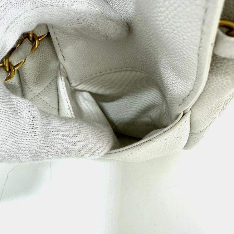 Pre Owned Chanel Matelasse Double Pocket 2-Way Hobo Bag Caviar Leather White