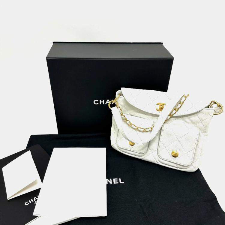 Pre Owned Chanel Matelasse Double Pocket 2-Way Hobo Bag Caviar Leather White