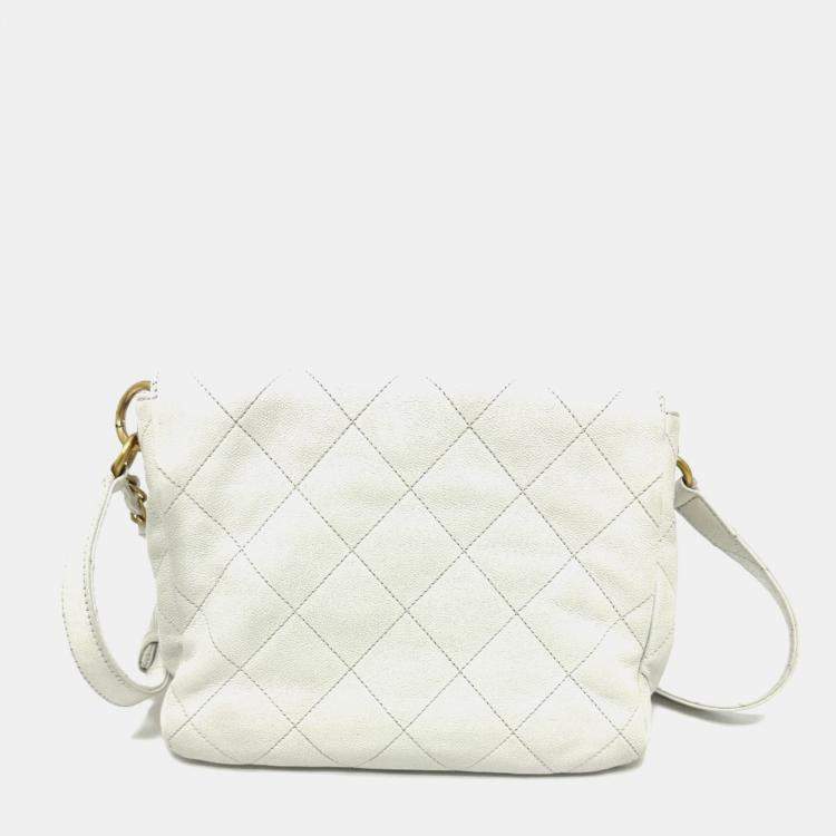 Pre Owned Chanel Matelasse Double Pocket 2-Way Hobo Bag Caviar Leather White