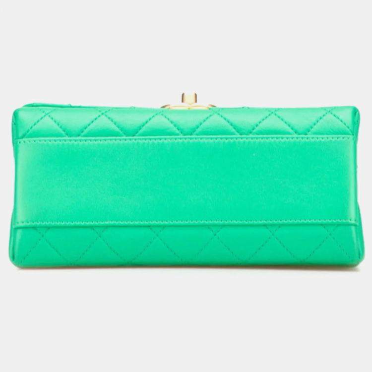 Pre Owned Chanel Matelasse Coco Mark Top Handle Shoulder Bag Tote 2-Way Green Gold Lambskin
