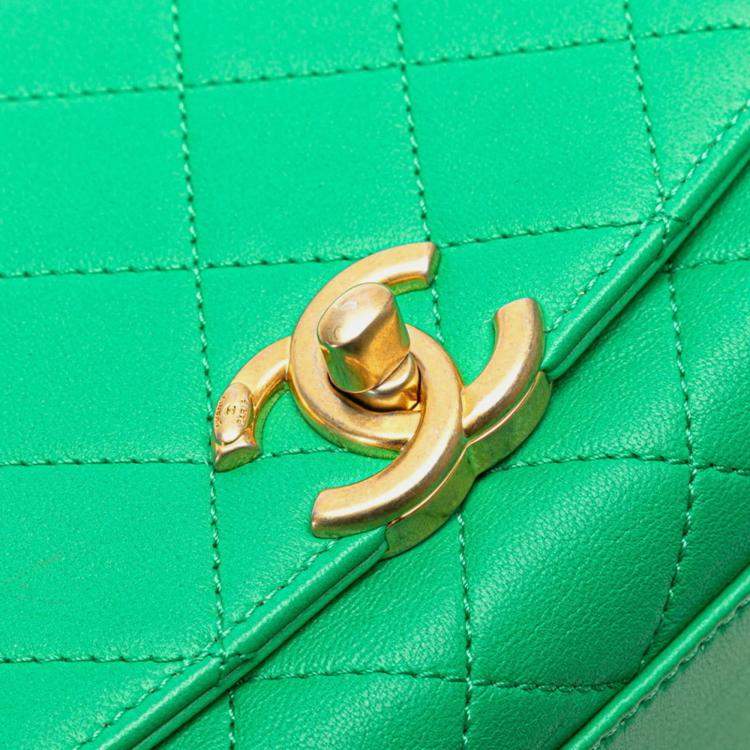 Pre Owned Chanel Matelasse Coco Mark Top Handle Shoulder Bag Tote 2-Way Green Gold Lambskin