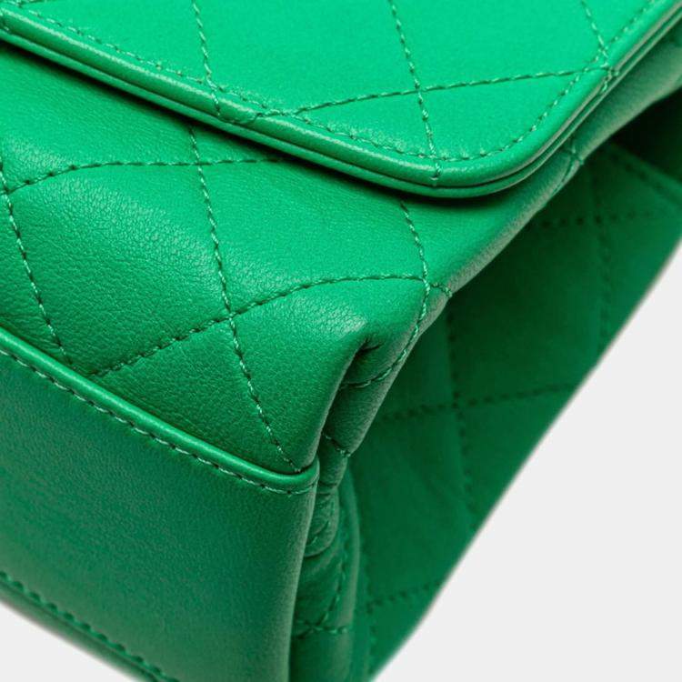 Pre Owned Chanel Matelasse Coco Mark Top Handle Shoulder Bag Tote 2-Way Green Gold Lambskin