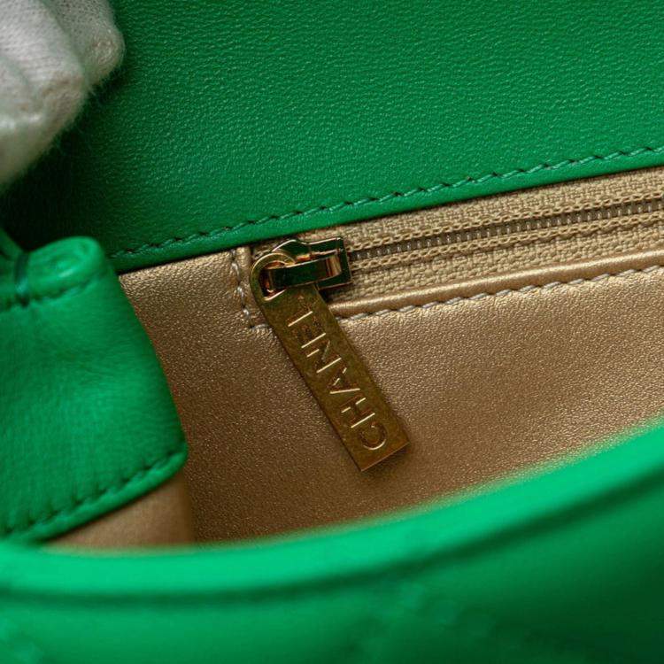Pre Owned Chanel Matelasse Coco Mark Top Handle Shoulder Bag Tote 2-Way Green Gold Lambskin