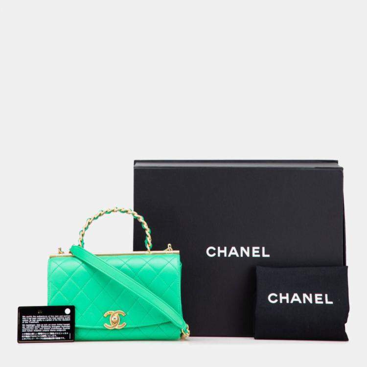 Pre Owned Chanel Matelasse Coco Mark Top Handle Shoulder Bag Tote 2-Way Green Gold Lambskin