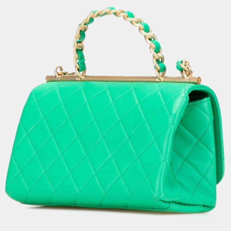 Pre Owned Chanel Matelasse Coco Mark Top Handle Shoulder Bag Tote 2-Way Green Gold Lambskin
