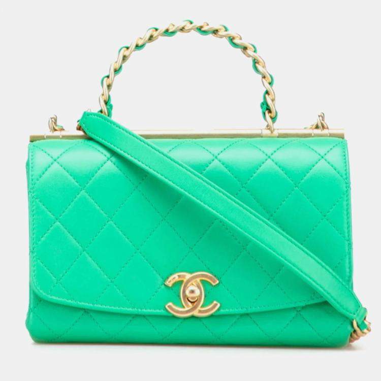 Pre Owned Chanel Matelasse Coco Mark Top Handle Shoulder Bag Tote 2-Way Green Gold Lambskin