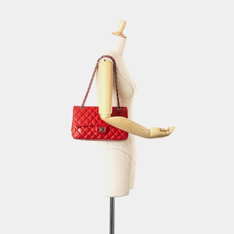 Pre Owned Chanel Coco Mark Matelasse 25 Double Flap Chain Shoulder Bag In Red Lambskin