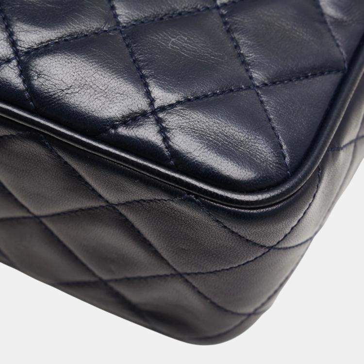 Pre Owned Chanel Matelasse Coco Mark Fringe Chain Shoulder Bag Navy Lambskin