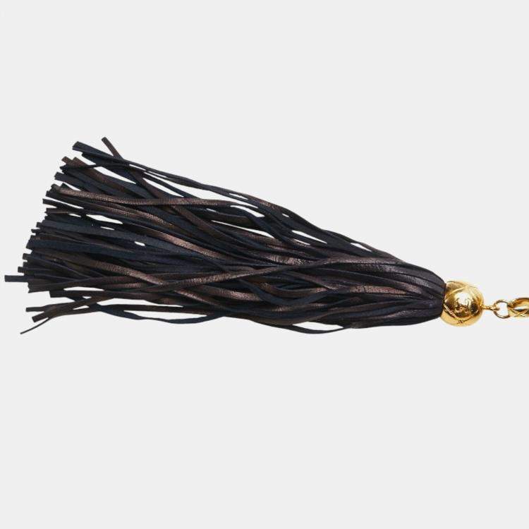 Pre Owned Chanel Matelasse Coco Mark Fringe Chain Shoulder Bag Navy Lambskin