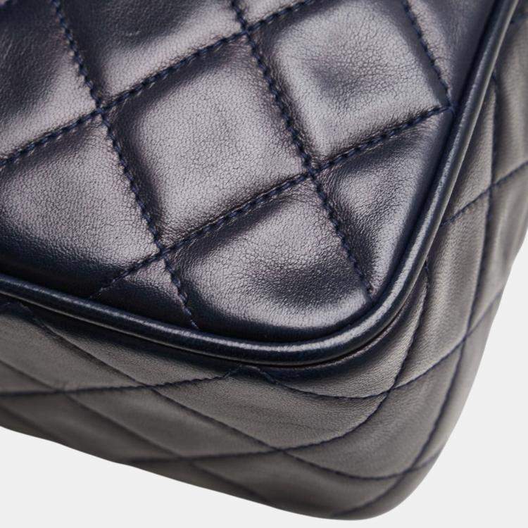 Pre Owned Chanel Matelasse Coco Mark Fringe Chain Shoulder Bag Navy Lambskin