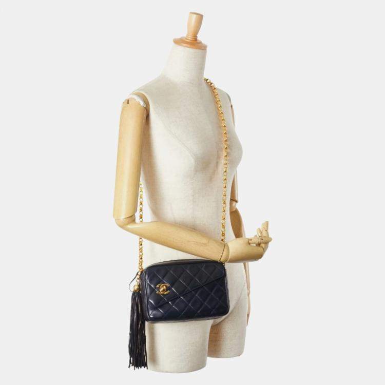 Pre Owned Chanel Matelasse Coco Mark Fringe Chain Shoulder Bag Navy Lambskin