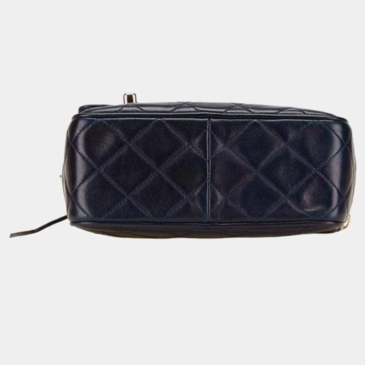 Pre Owned Chanel Matelasse Coco Mark Fringe Chain Shoulder Bag Navy Lambskin