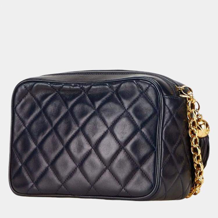 Pre Owned Chanel Matelasse Coco Mark Fringe Chain Shoulder Bag Navy Lambskin