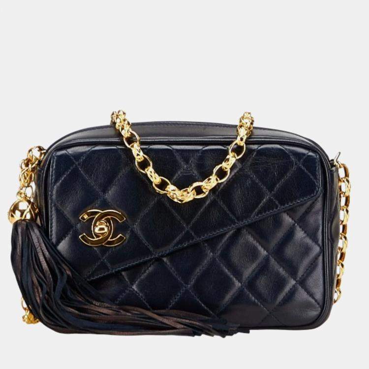 Pre Owned Chanel Matelasse Coco Mark Fringe Chain Shoulder Bag Navy Lambskin