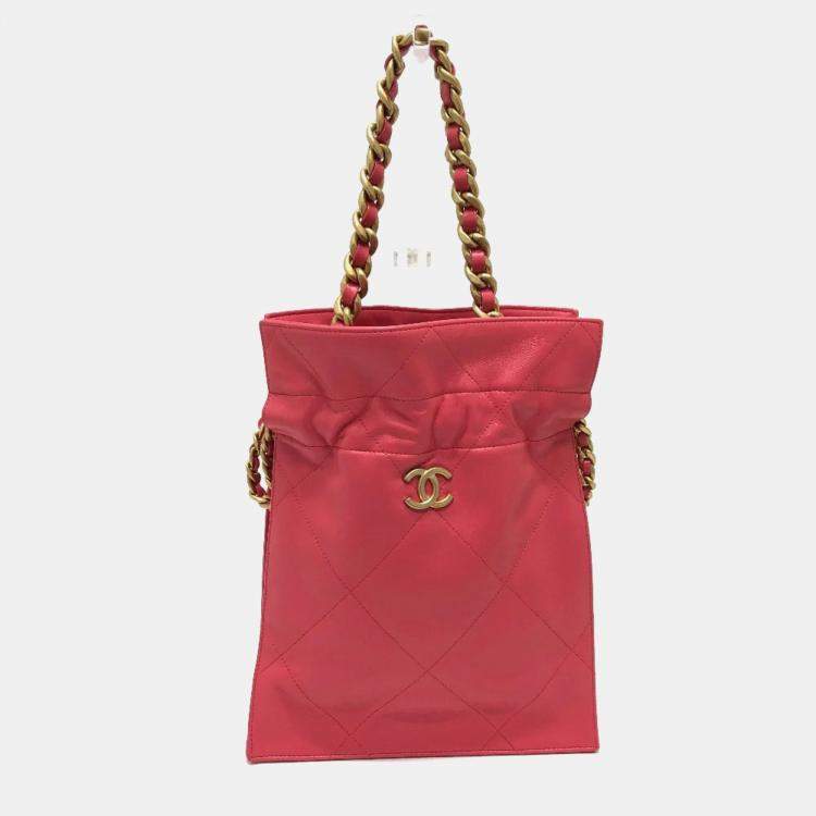 Pre Owned Chanel CC Drawstring Pink Lambskin Leather Tote Bag
