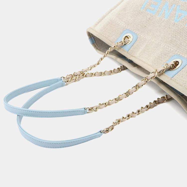 Pre Owned Chanel Deauville MM Beige Blue Canvas Tote Bag