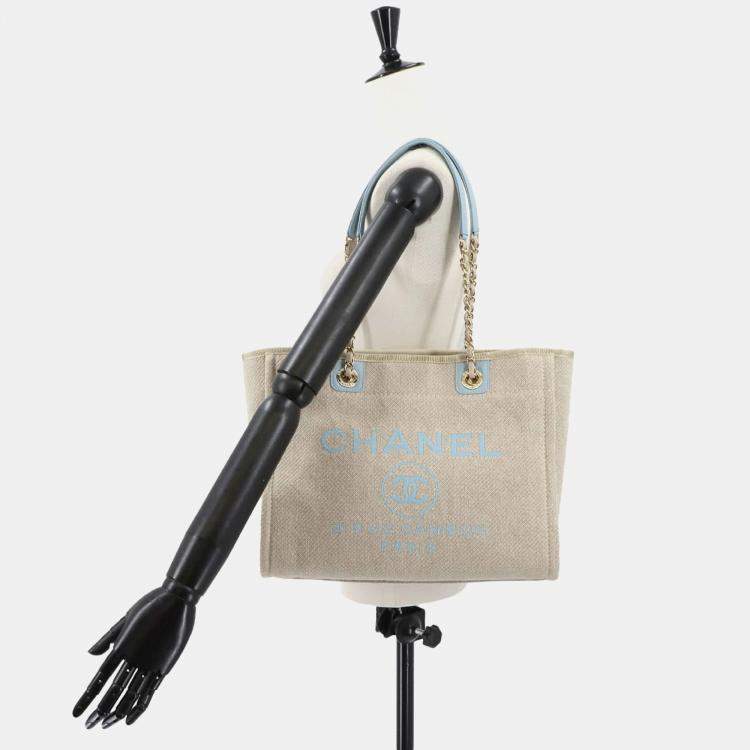 Pre Owned Chanel Deauville MM Beige Blue Canvas Tote Bag