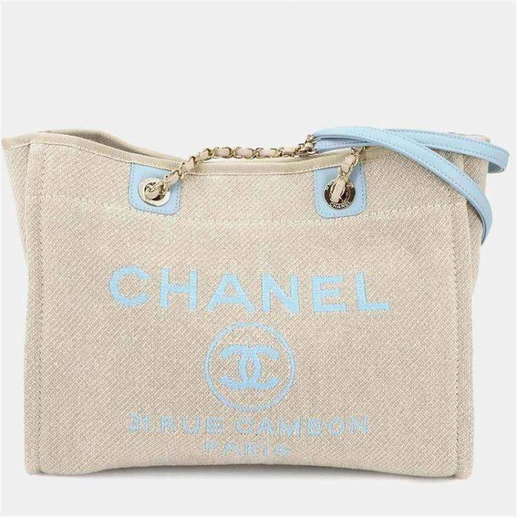 Pre Owned Chanel Deauville MM Beige Blue Canvas Tote Bag