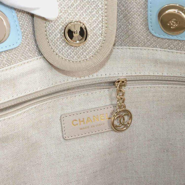 Pre Owned Chanel Deauville MM Beige Blue Canvas Tote Bag