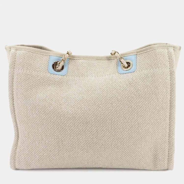 Pre Owned Chanel Deauville MM Beige Blue Canvas Tote Bag