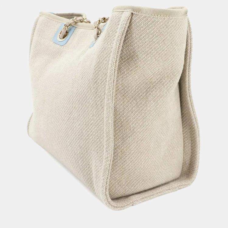 Pre Owned Chanel Deauville MM Beige Blue Canvas Tote Bag