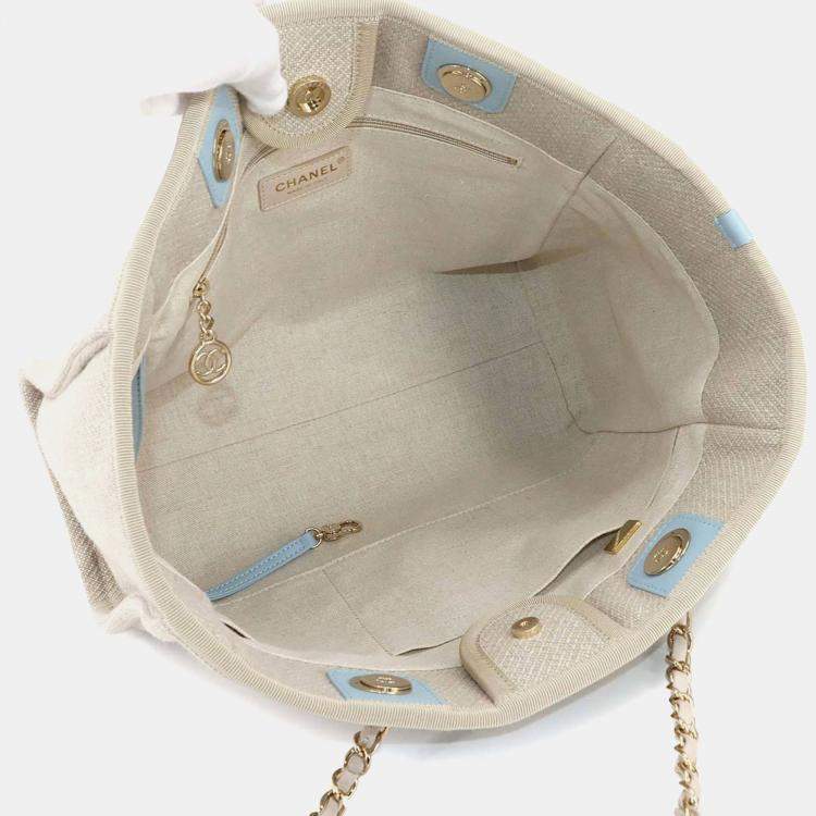 Pre Owned Chanel Deauville MM Beige Blue Canvas Tote Bag