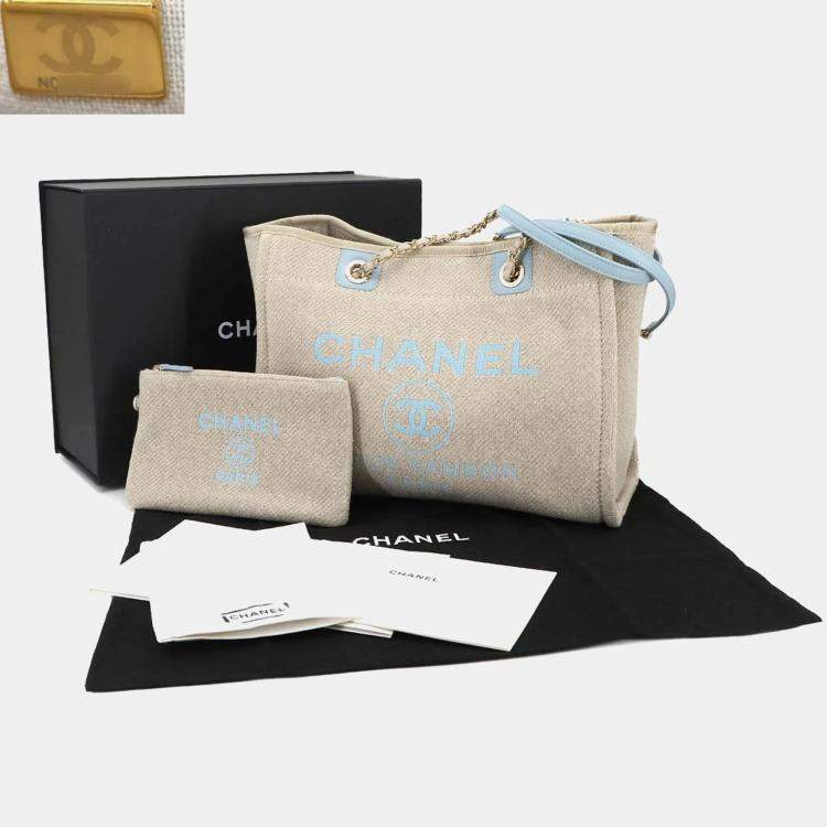 Pre Owned Chanel Deauville MM Beige Blue Canvas Tote Bag