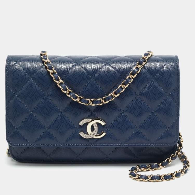 Pre Owned Chanel CC Crystal Blue Quilted Caviar Leather Wallet On Chain