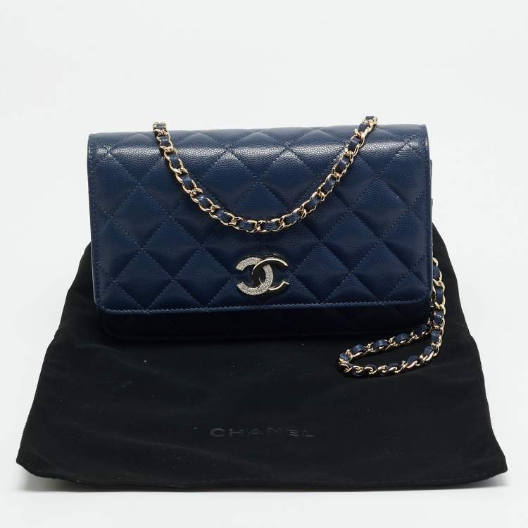 Pre Owned Chanel CC Crystal Blue Quilted Caviar Leather Wallet On Chain