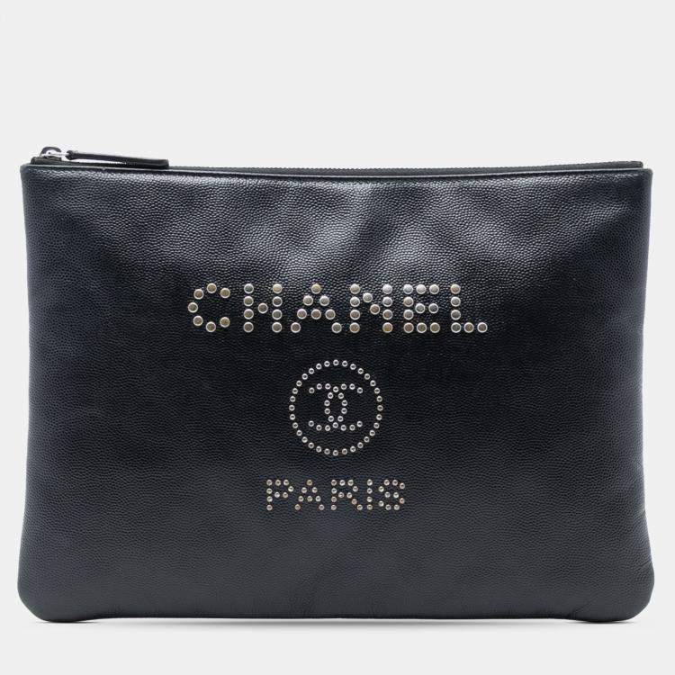 Pre Owned Chanel Black Medium Caviar Deauville Studded O Case Clutch