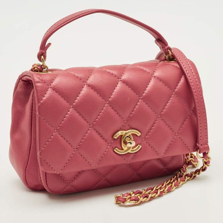 Pre Owned Chanel Mini Metallic Red Quilted Leather Top Handle Flap Bag