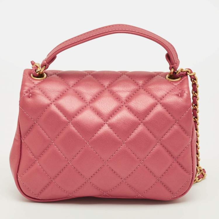 Pre Owned Chanel Mini Metallic Red Quilted Leather Top Handle Flap Bag