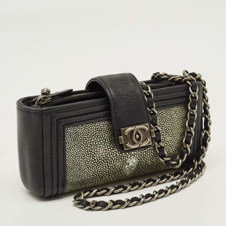 Pre Owned Chanel Boy O-Phone Holder Black/Metallic Stingray and Leather Chain Pouch