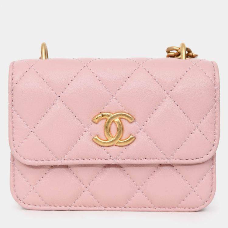 Pre Owned Chanel 2021 Pink Leather 'Pearl Crush' Mini Crossbody Bag