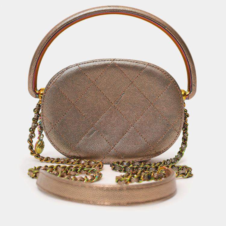 Pre Owned Chanel 2019 Brown Metallic Quilted Caviar Egyptian Amulet Top Handle Camera Case