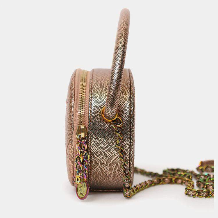 Pre Owned Chanel 2019 Brown Metallic Quilted Caviar Egyptian Amulet Top Handle Camera Case