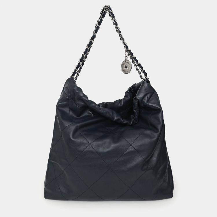 Pre Owned Chanel Navy Leather 22 Small Tote Silver-Hardware