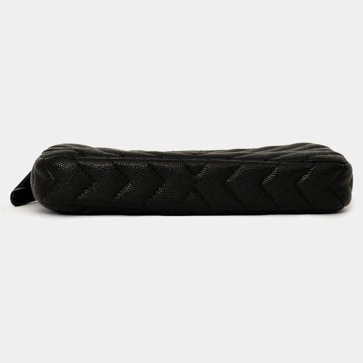 Pre Owned Chanel 2017/18 Black Caviar Chevron Double Zip Wallet On Chain