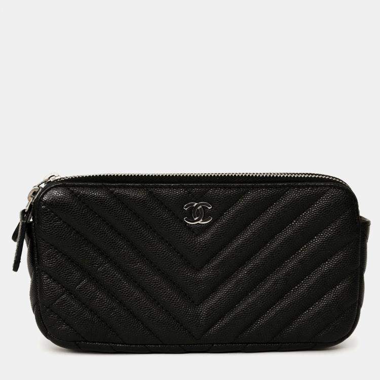 Pre Owned Chanel 2017/18 Black Caviar Chevron Double Zip Wallet On Chain