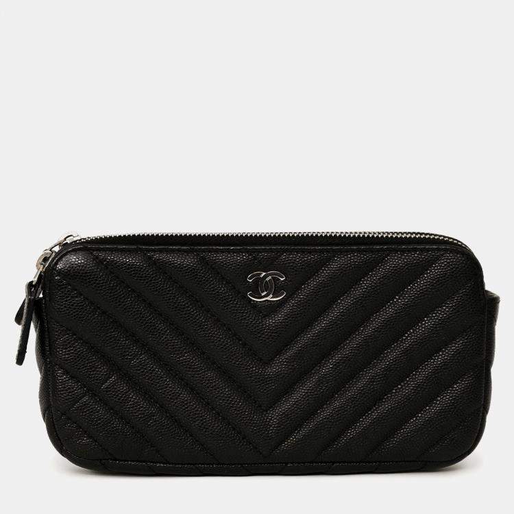 Pre Owned Chanel 2017/18 Black Caviar Chevron Double Zip Wallet On Chain